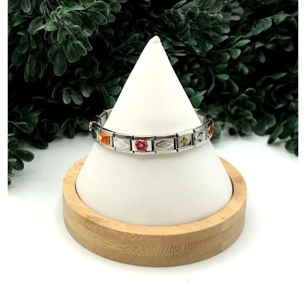 Italian Stainless Steel Charm Bracelet With Religious & Symbolic Charms Expandab
